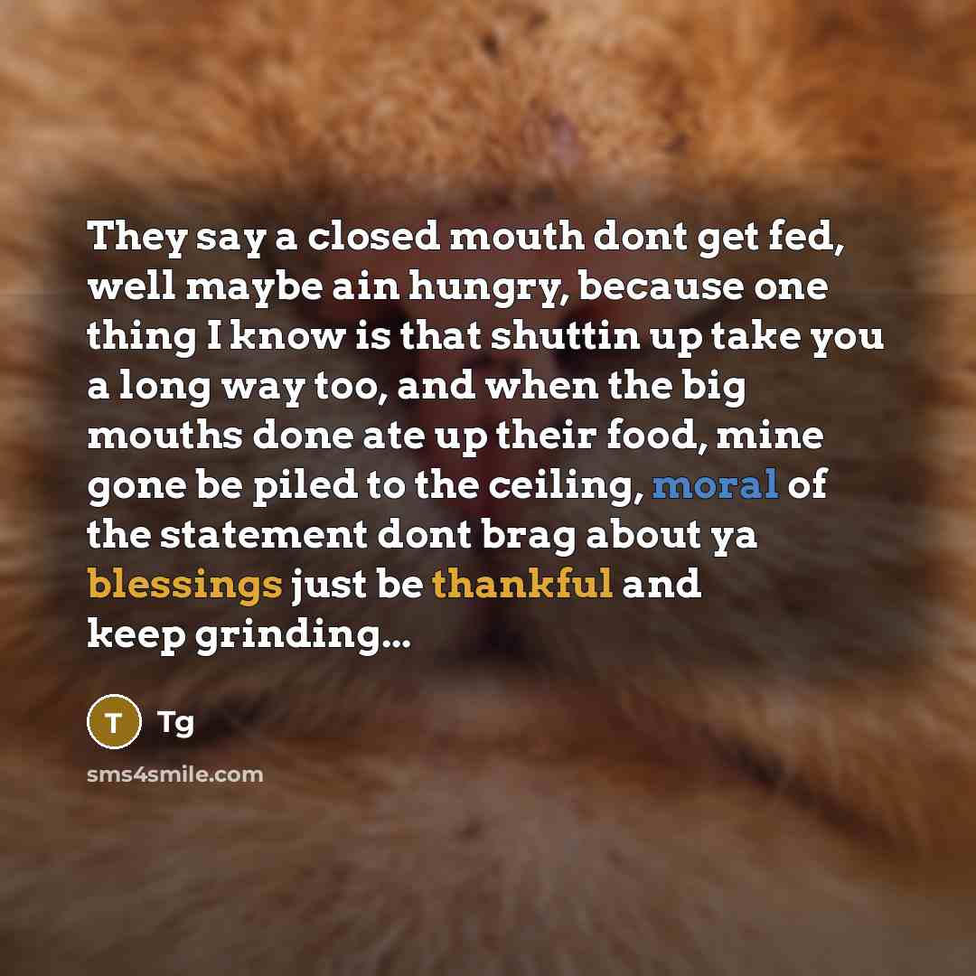 “They say a closed mouth dont get fed, well maybe ain hungry, because one thing I know is that shuttin up take you a long way too, and when the big mouths done ate up their food, mine gone be piled to the ceiling, moral of the statement dont brag about ya blessings just be thankful and keep…” quote by Tg