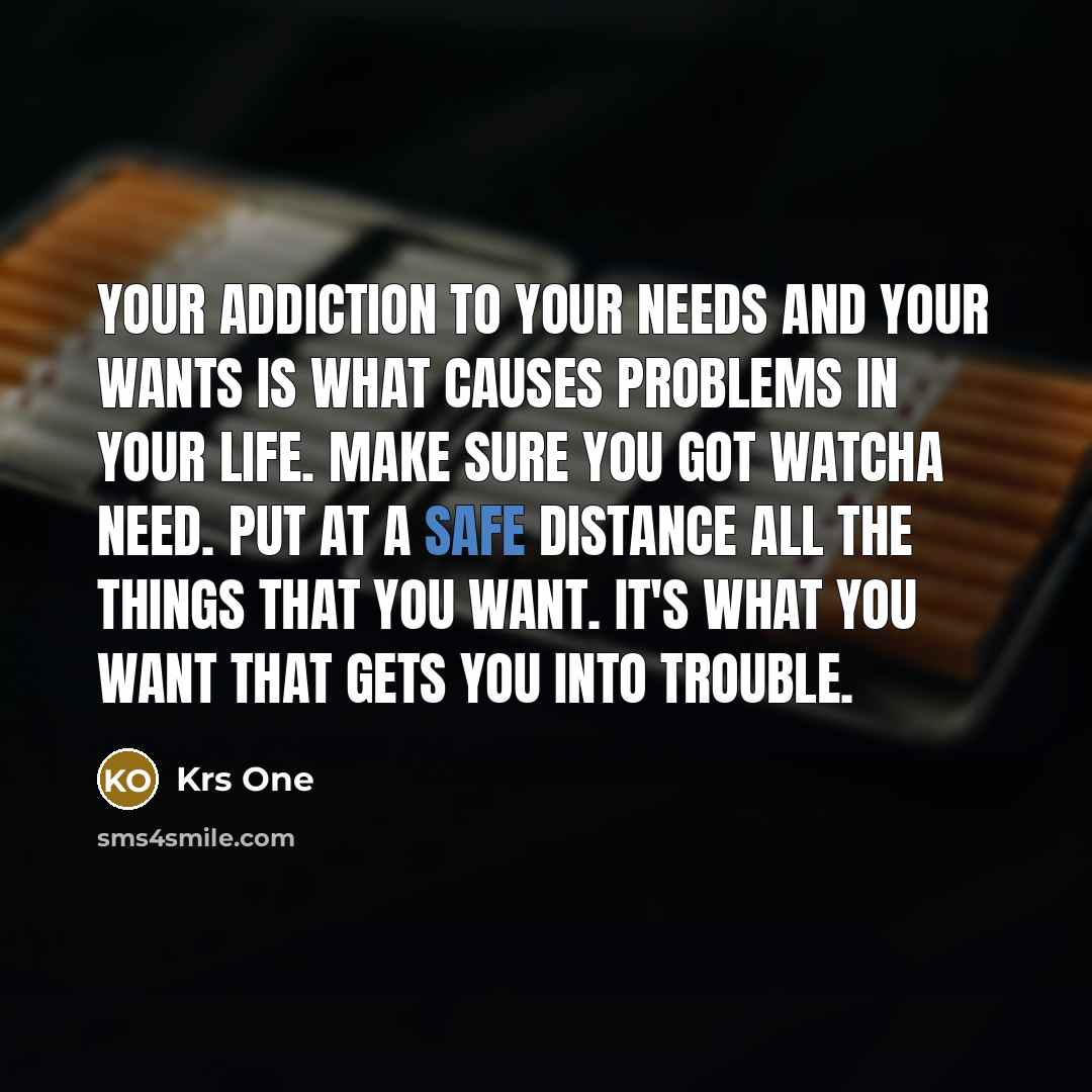 “Your addiction to your needs and your wants is what causes problems in your life. Make sure you got watcha need. Put at a safe distance all the things that you want. It's what you want that gets you into trouble.” quote by Krs One