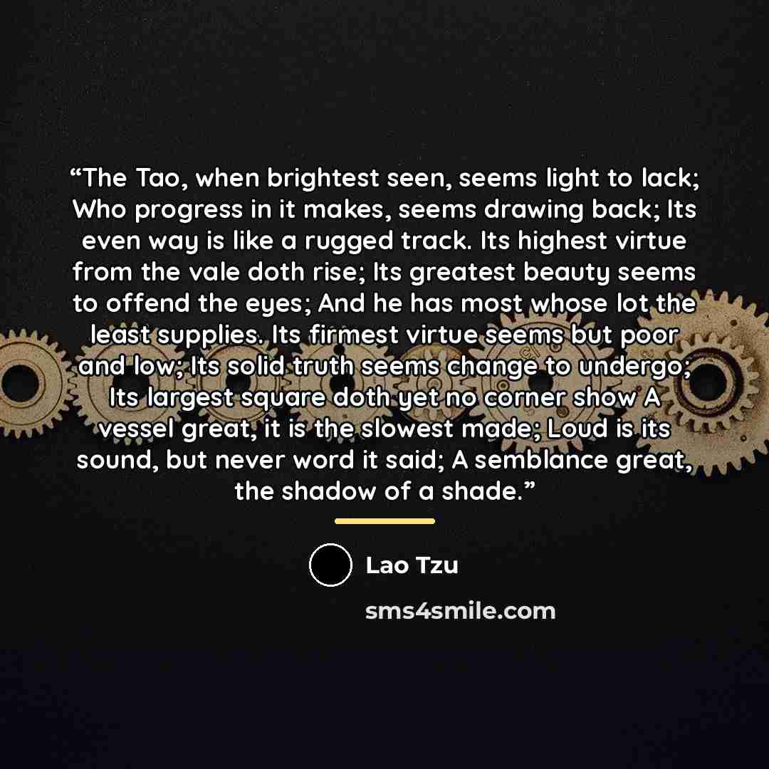 “The Tao, when brightest seen, seems light to lack; Who progress in it makes, seems drawing back; Its even way is like a rugged track. Its highest virtue from the vale doth rise; Its greatest beauty seems to offend the eyes; And he has most whose lot the least supplies. Its firmest virtue seems but…” quote by Lao Tzu