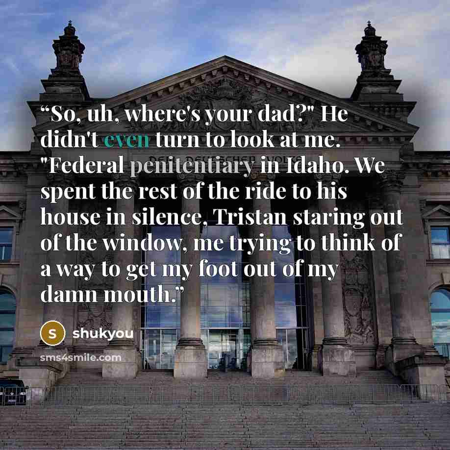 “So, uh, where's your dad?" He didn't even turn to look at me. "Federal penitentiary in Idaho. We spent the rest of the ride to his house in silence, Tristan staring out of the window, me trying to think of a way to get my foot out of my damn mouth.” quote by shukyou