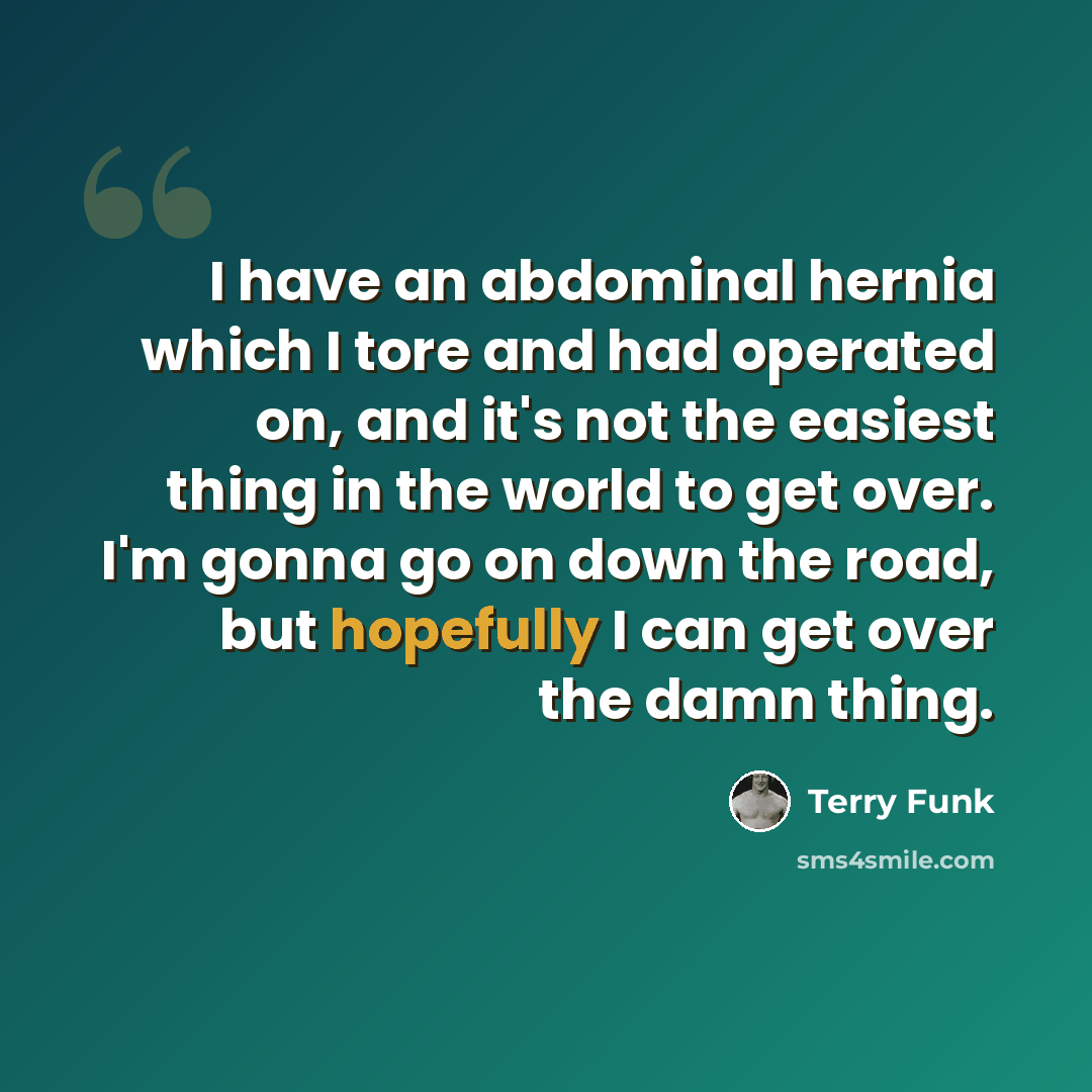 “I have an abdominal hernia which I tore and had operated on, and it's not the easiest thing in the world to get over. I'm gonna go on down the road, but hopefully I can get over the damn thing.” quote by Terry Funk