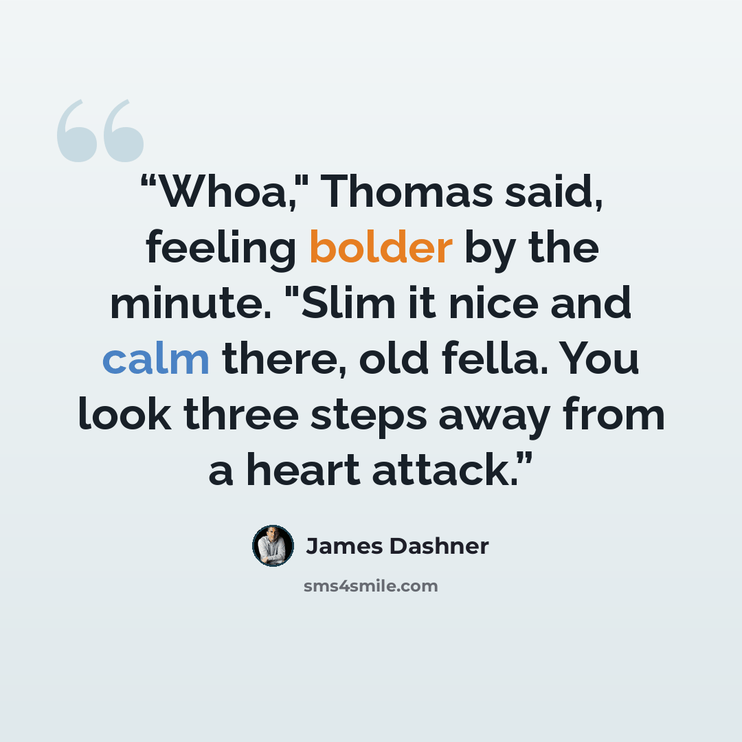 “Whoa," Thomas said, feeling bolder by the minute. "Slim it nice and calm there, old fella. You look three steps away from a heart attack.” quote by James Dashner
