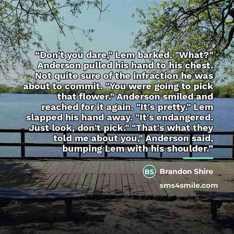 “Don't you dare," Lem barked. "What?" Anderson pulled his hand to his chest. Not quite sure of the infraction he was about to commit. "You were going to pick that flower." Anderson smiled and reached for it again. "It's pretty." Lem slapped his hand away. "It's endangered. Just look, don't pick."…” quote by Brandon Shire