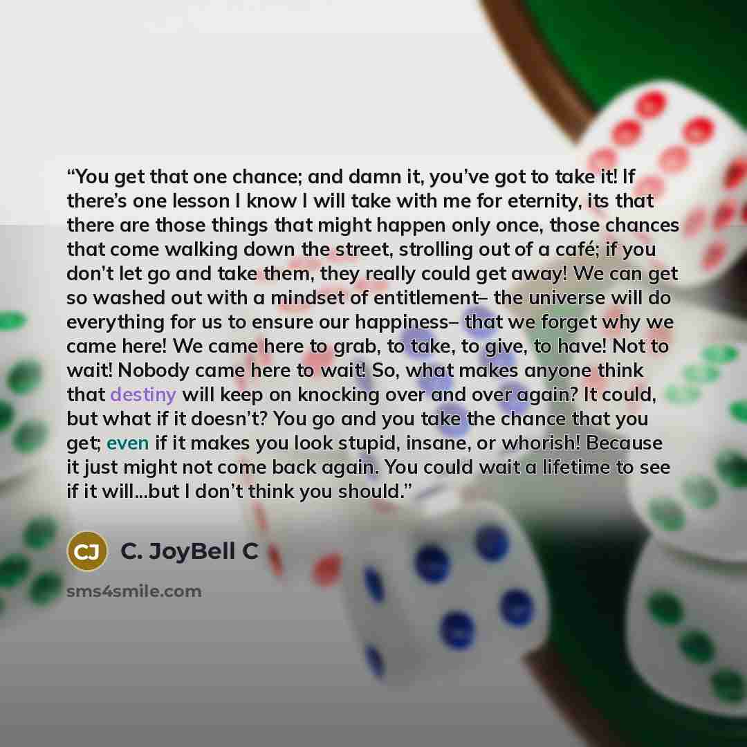 “You get that one chance; and damn it, you’ve got to take it! If there’s one lesson I know I will take with me for eternity, its that there are those things that might happen only once, those chances that come walking down the street, strolling out of a café; if you don’t let go and take them, they…” quote by C. JoyBell C