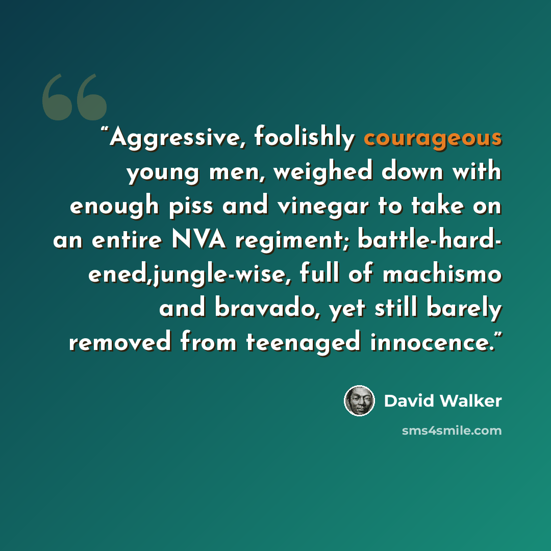 “Aggressive, foolishly courageous young men, weighed down with enough piss and vinegar to take on an entire NVA regiment; battle-hard- ened,jungle-wise, full of machismo and bravado, yet still barely removed from teenaged innocence.” quote by David Walker