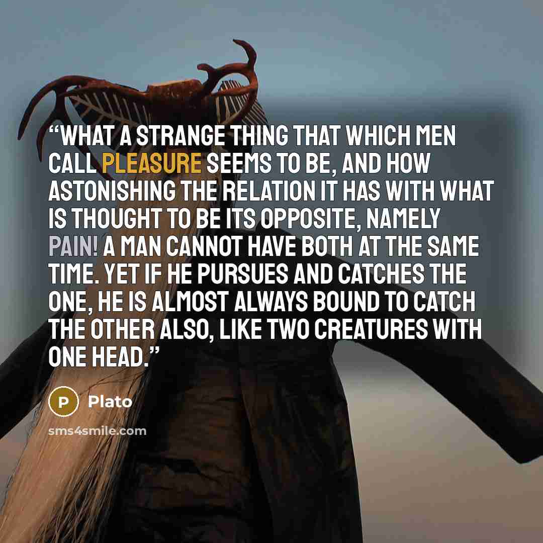 “What a strange thing that which men call pleasure seems to be, and how astonishing the relation it has with what is thought to be its opposite, namely pain! A man cannot have both at the same time. Yet if he pursues and catches the one, he is almost always bound to catch the other also, like two…” quote by Plato