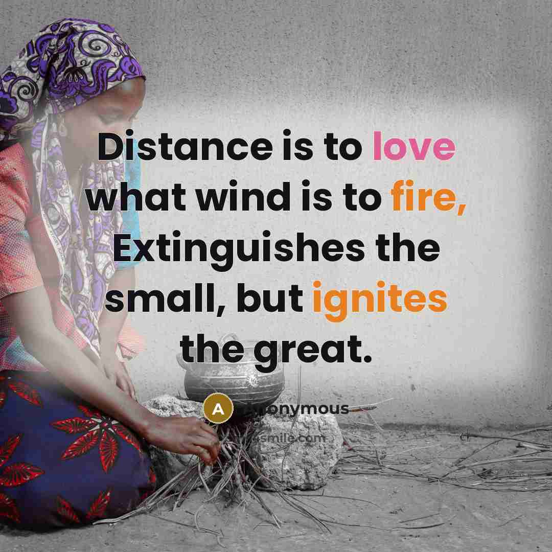 “Distance is to love what wind is to fire, Extinguishes the small, but ignites the great.” quote by Anonymous