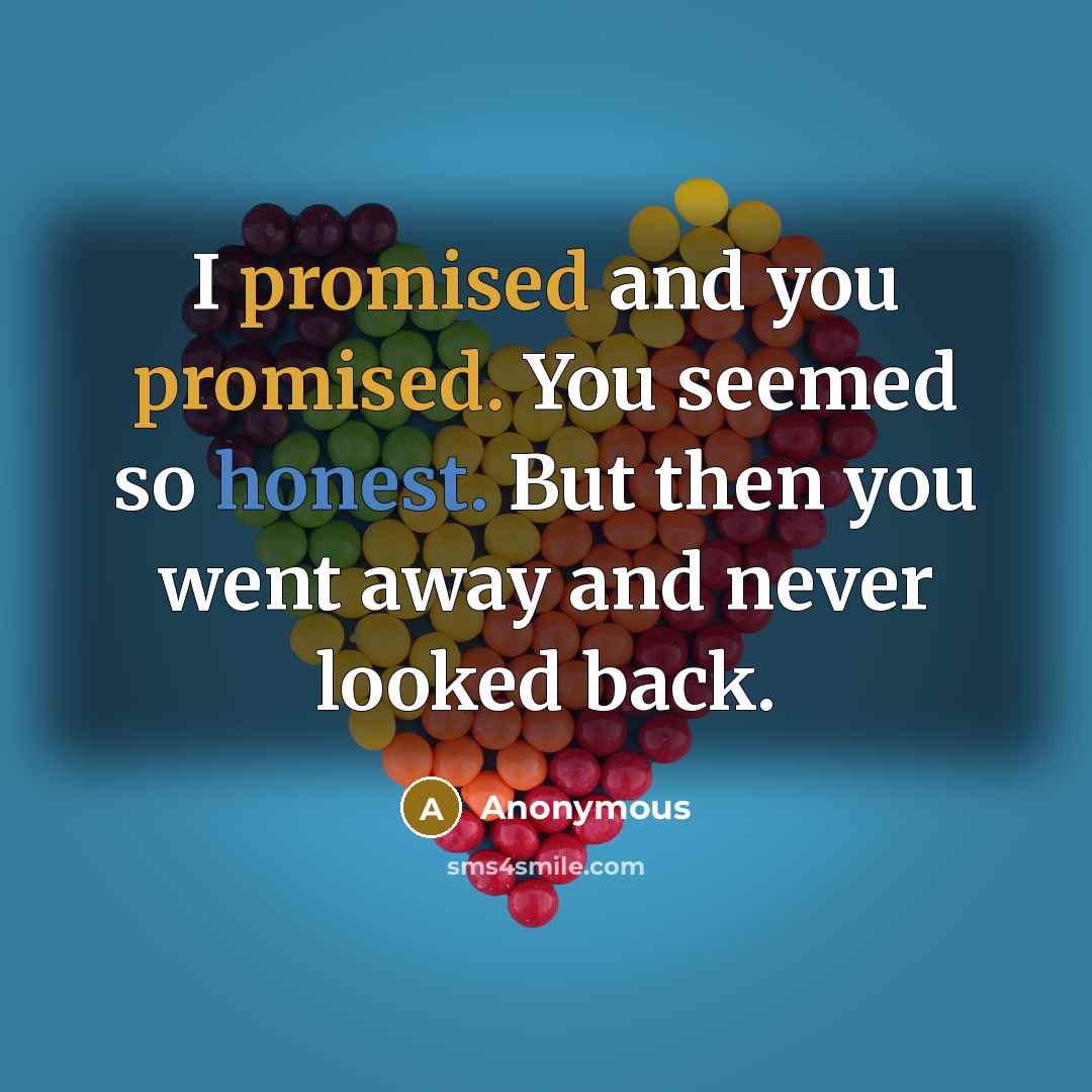 “I promised and you promised. You seemed so honest. But then you went away and never looked back.” quote by Anonymous