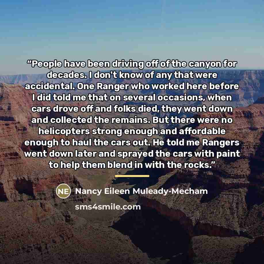 “People have been driving off of the canyon for decades. I don't know of any that were accidental. One Ranger who worked here before I did told me that on several occasions, when cars drove off and folks died, they went down and collected the remains. But there were no helicopters strong enough and…” quote by Nancy Eileen Muleady-Mecham