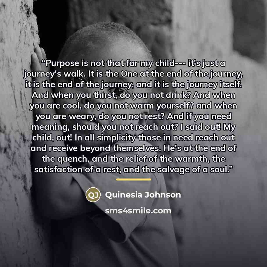 “Purpose is not that far my child--- it's just a journey's walk. It is the One at the end of the journey, it is the end of the journey, and it is the journey itself. And when you thirst, do you not drink? And when you are cool, do you not warm yourself? and when you are weary, do you not rest? And…” quote by Quinesia Johnson