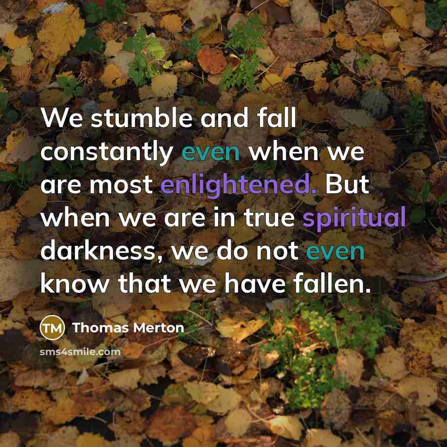 “We stumble and fall constantly even when we are most enlightened. But when we are in true spiritual darkness, we do not even know that we have fallen.” quote by Thomas Merton