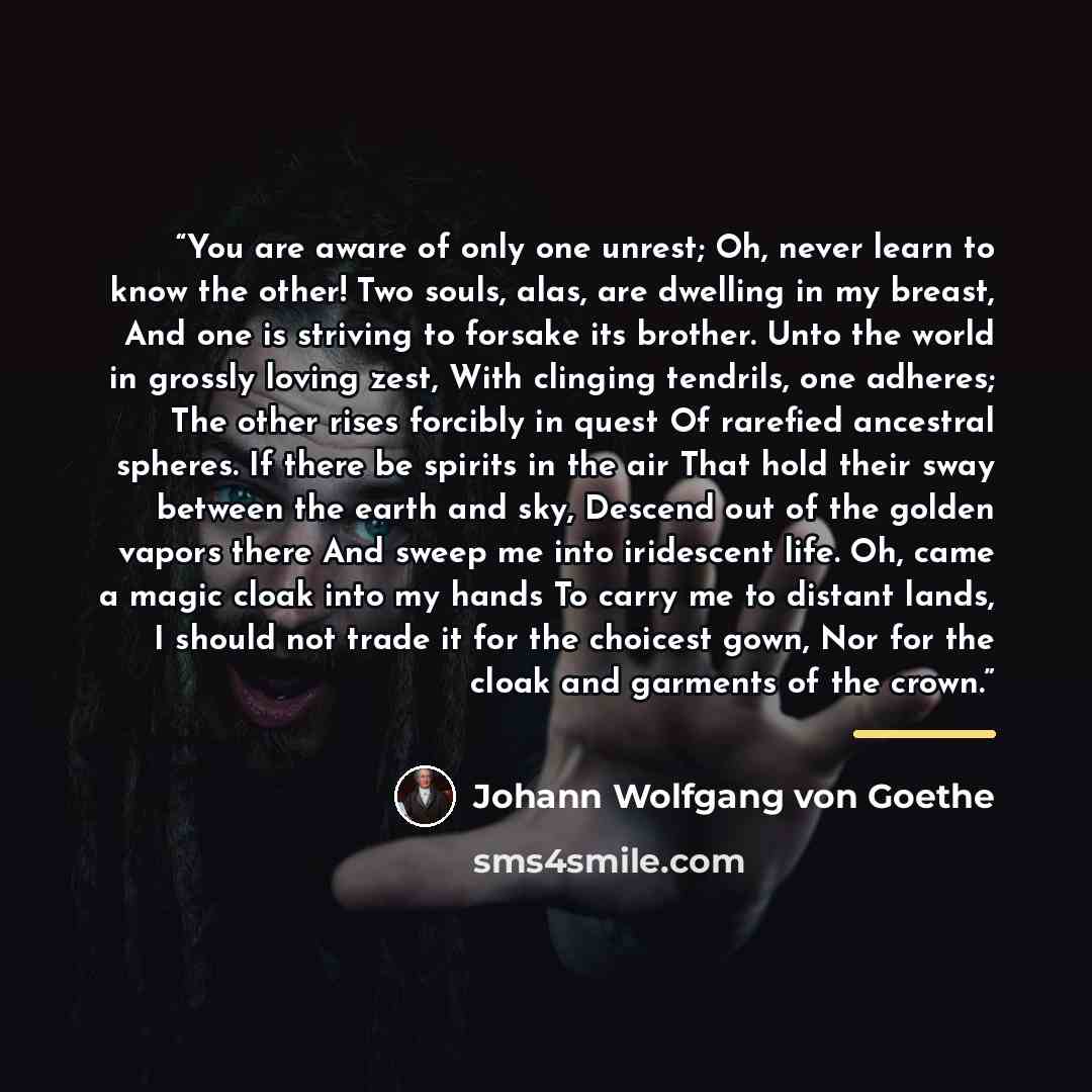 “You are aware of only one unrest; Oh, never learn to know the other! Two souls, alas, are dwelling in my breast, And one is striving to forsake its brother. Unto the world in grossly loving zest, With clinging tendrils, one adheres; The other rises forcibly in quest Of rarefied ancestral spheres…” quote by Johann Wolfgang von Goethe