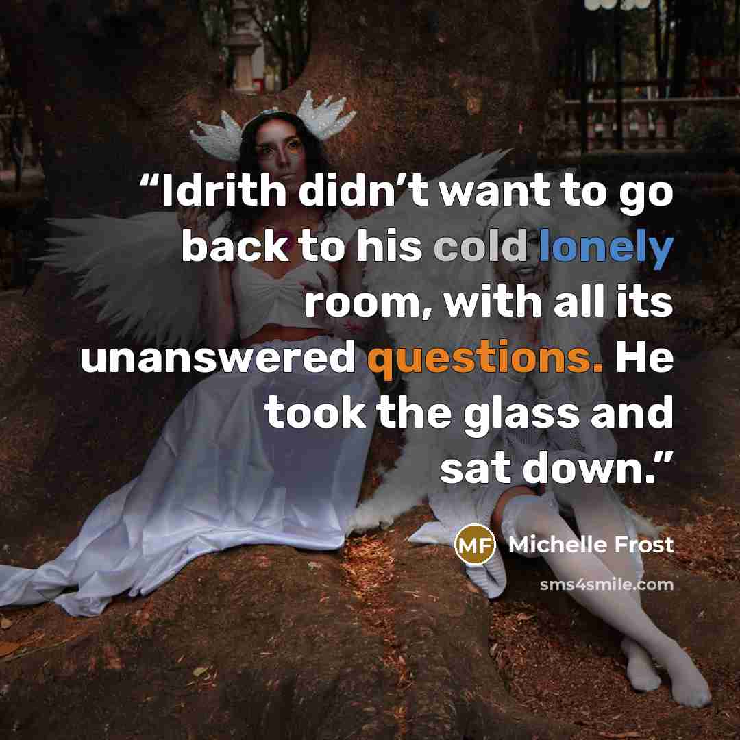 “Idrith didn’t want to go back to his cold lonely room, with all its unanswered questions. He took the glass and sat down.” quote by Michelle Frost