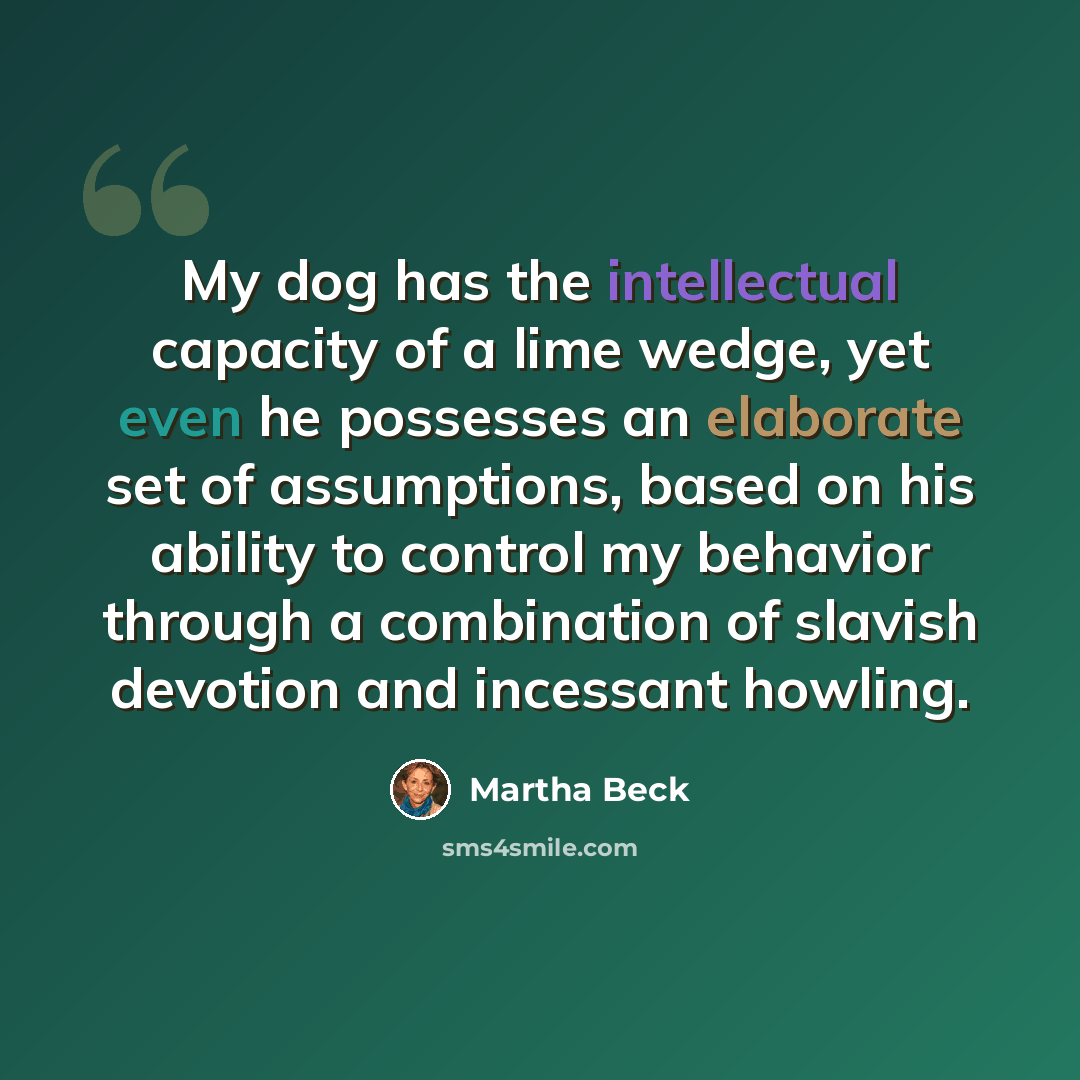 “My dog has the intellectual capacity of a lime wedge, yet even he possesses an elaborate set of assumptions, based on his ability to control my behavior through a combination of slavish devotion and incessant howling.” quote by Martha Beck