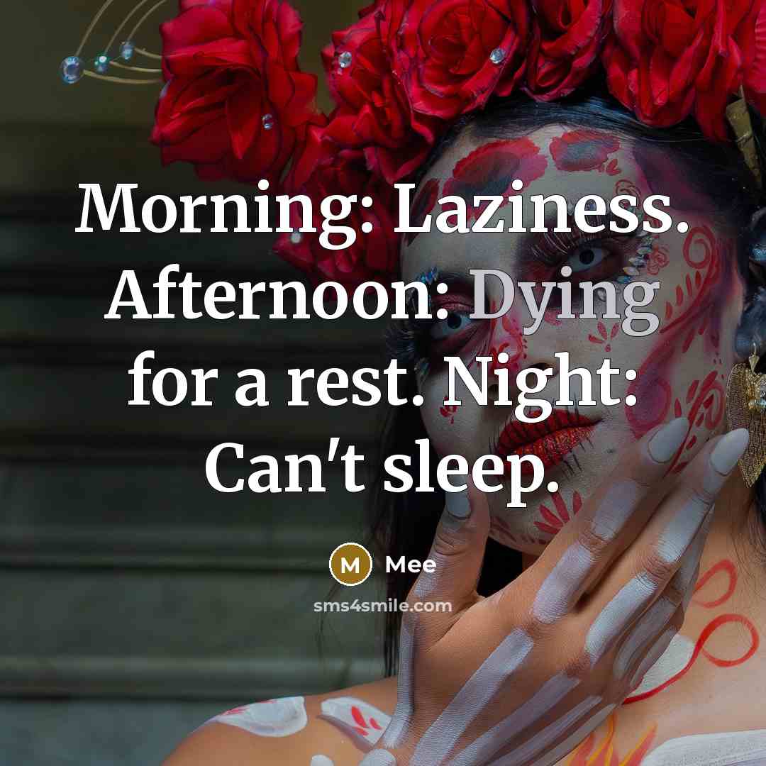 “Morning: Laziness. Afternoon: Dying for a rest. Night: Can't sleep.” quote by Mee