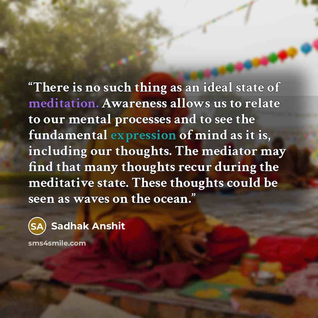 “There is no such thing as an ideal state of meditation. Awareness allows us to relate to our mental processes and to see the fundamental expression of mind as it is, including our thoughts. The mediator may find that many thoughts recur during the meditative state. These thoughts could be seen as…” quote by Sadhak Anshit