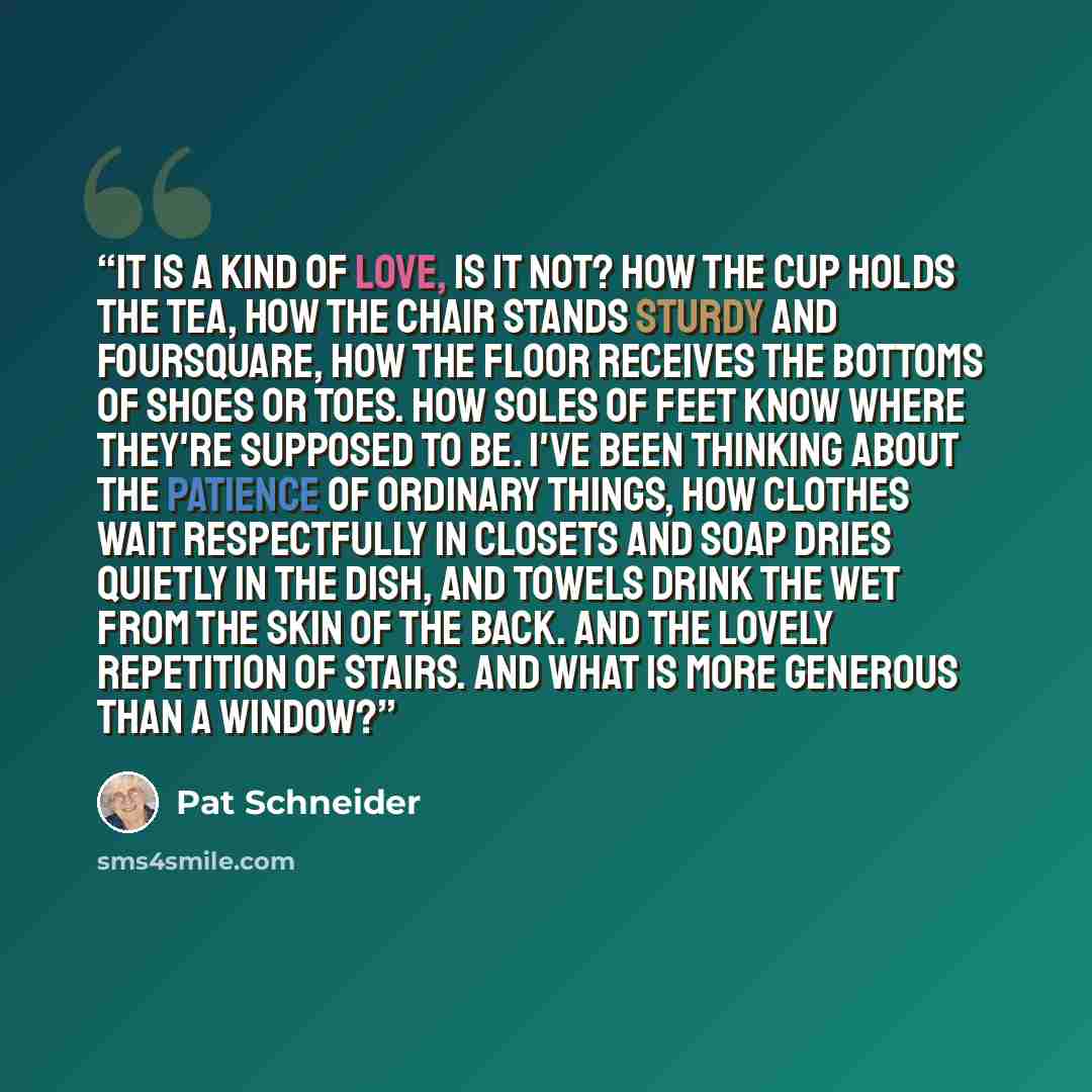“It is a kind of love, is it not? How the cup holds the tea, How the chair stands sturdy and foursquare, How the floor receives the bottoms of shoes Or toes. How soles of feet know Where they're supposed to be. I've been thinking about the patience Of ordinary things, how clothes Wait respectfully…” quote by Pat Schneider