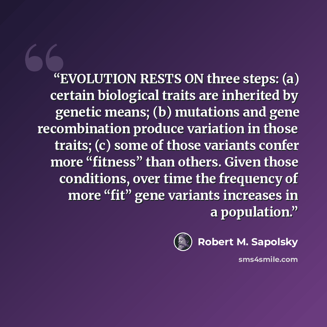 “EVOLUTION RESTS ON three steps: (a) certain biological traits are inherited by genetic means; (b) mutations and gene recombination produce variation in those traits; (c) some of those variants confer more “fitness” than others. Given those conditions, over time the frequency of more “fit” gene…” quote by Robert M. Sapolsky