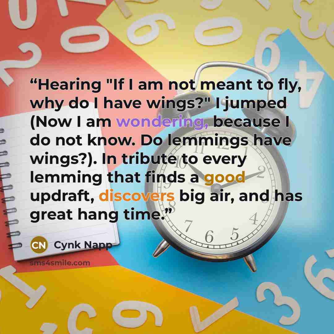 “Hearing "If I am not meant to fly, why do I have wings?" I jumped (Now I am wondering, because I do not know. Do lemmings have wings?). In tribute to every lemming that finds a good updraft, discovers big air, and has great hang time.” quote by Cynk Napp