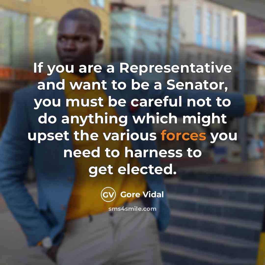 “If you are a Representative and want to be a Senator, you must be careful not to do anything which might upset the various forces you need to harness to get elected.” quote by Gore Vidal