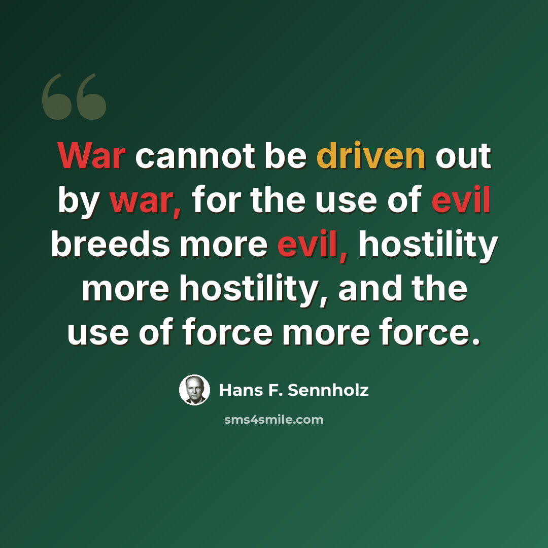 “War cannot be driven out by war, for the use of evil breeds more evil, hostility more hostility, and the use of force more force.” quote by Hans F. Sennholz