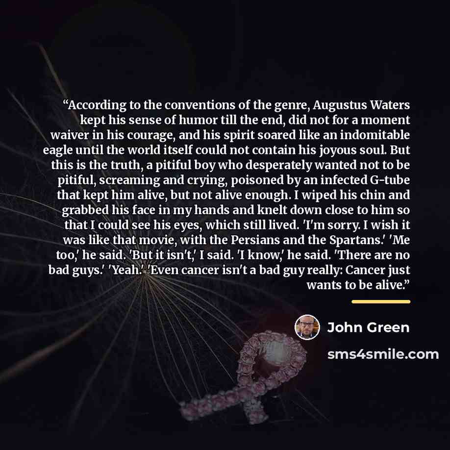 “According to the conventions of the genre, Augustus Waters kept his sense of humor till the end, did not for a moment waiver in his courage, and his spirit soared like an indomitable eagle until the world itself could not contain his joyous soul. But this is the truth, a pitiful boy who…” quote by John Green