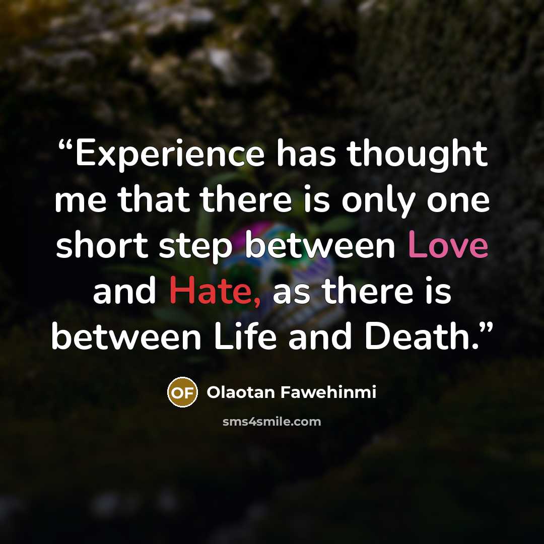 “Experience has thought me that there is only one short step between Love and Hate, as there is between Life and Death.” quote by Olaotan Fawehinmi
