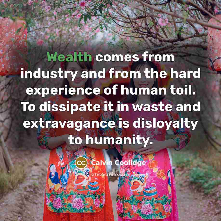 “Wealth comes from industry and from the hard experience of human toil. To dissipate it in waste and extravagance is disloyalty to humanity.” quote by Calvin Coolidge