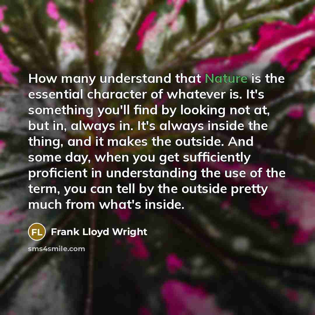 “How many understand that Nature is the essential character of whatever is. It's something you'll find by looking not at, but in, always in. It's always inside the thing, and it makes the outside. And some day, when you get sufficiently proficient in understanding the use of the term, you can tell…” quote by Frank Lloyd Wright