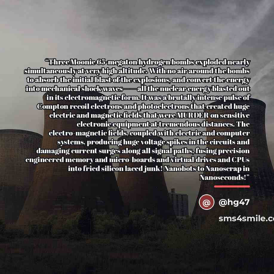“Three Moonie 65-megaton hydrogen bombs exploded nearly simultaneously at very high altitude. With no air around the bombs to absorb the initial blast of the explosions, and convert the energy into mechanical shock waves——all the nuclear energy blasted out in its electromagnetic form. It was a…” quote by @hg47