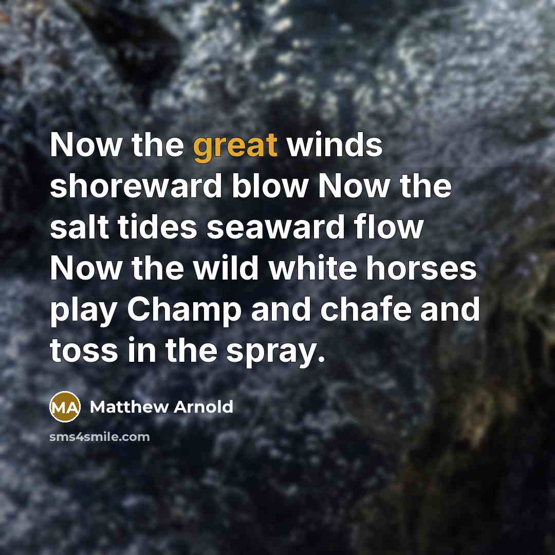 “Now the great winds shoreward blow Now the salt tides seaward flow Now the wild white horses play Champ and chafe and toss in the spray.” quote by Matthew Arnold