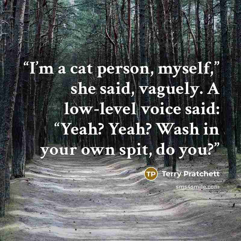 “I’m a cat person, myself,” she said, vaguely. A low-level voice said: “Yeah? Yeah? Wash in your own spit, do you?” quote by Terry Pratchett