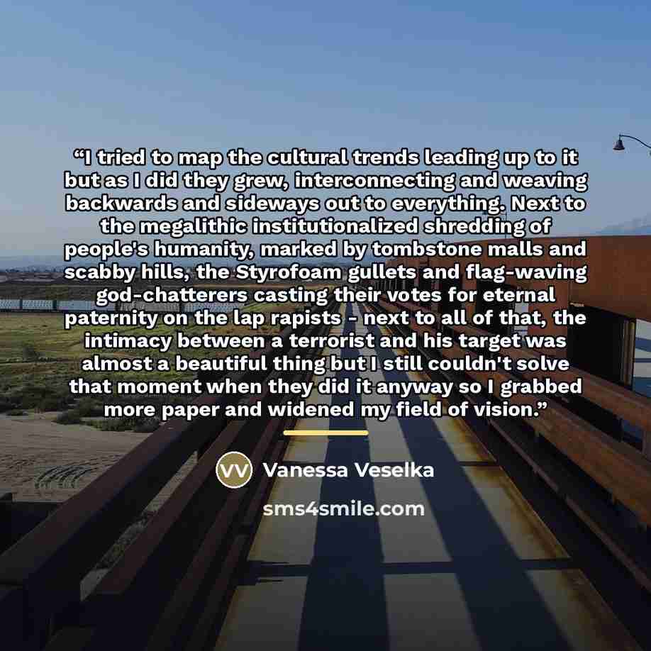 “I tried to map the cultural trends leading up to it but as I did they grew, interconnecting and weaving backwards and sideways out to everything. Next to the megalithic institutionalized shredding of people's humanity, marked by tombstone malls and scabby hills, the Styrofoam gullets and…” quote by Vanessa Veselka