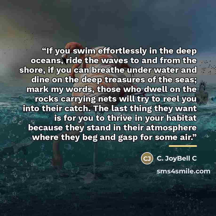 “If you swim effortlessly in the deep oceans, ride the waves to and from the shore, if you can breathe under water and dine on the deep treasures of the seas; mark my words, those who dwell on the rocks carrying nets will try to reel you into their catch. The last thing they want is for you to…” quote by C. JoyBell C