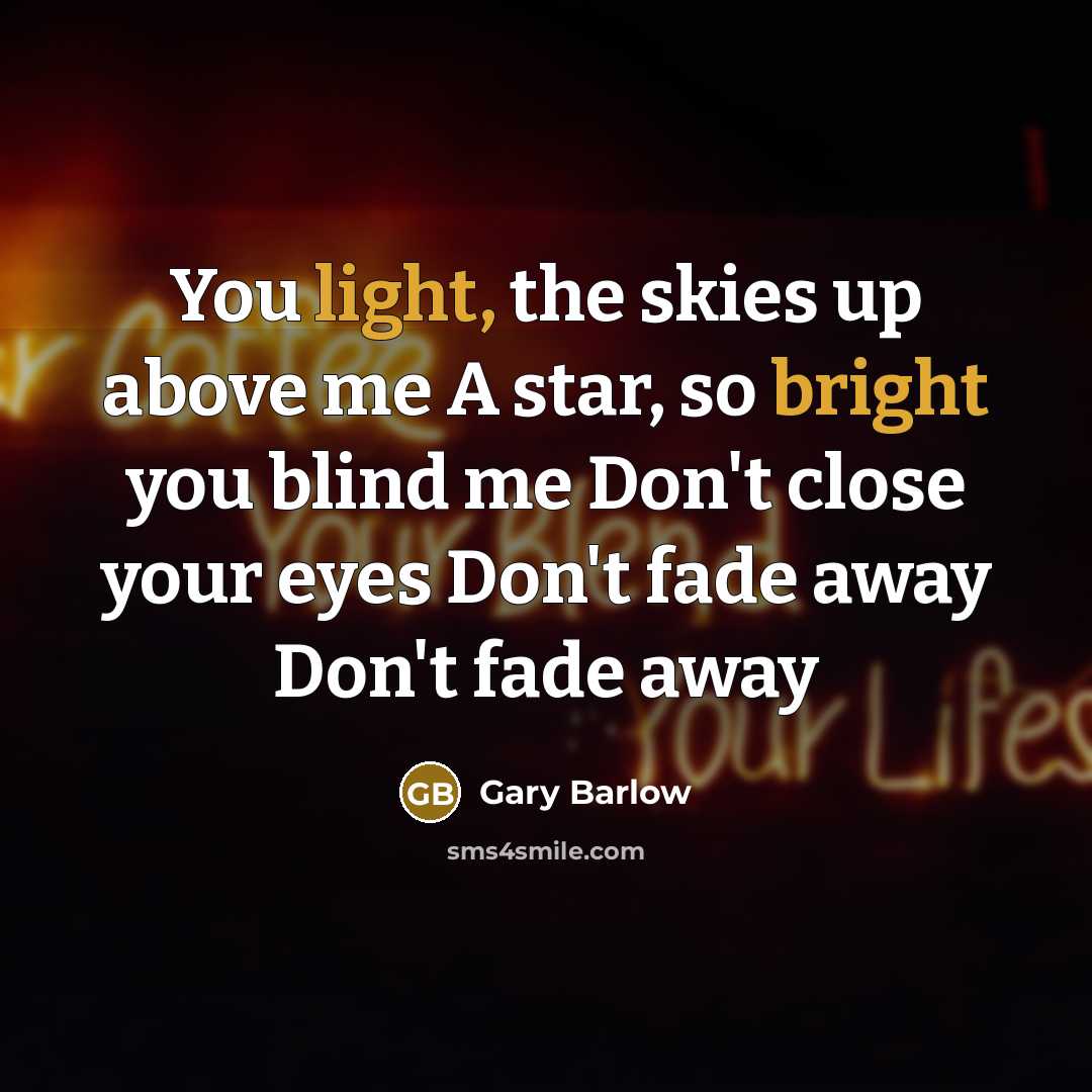 “You light, the skies up above me A star, so bright you blind me Don't close your eyes Don't fade away Don't fade away” quote by Gary Barlow