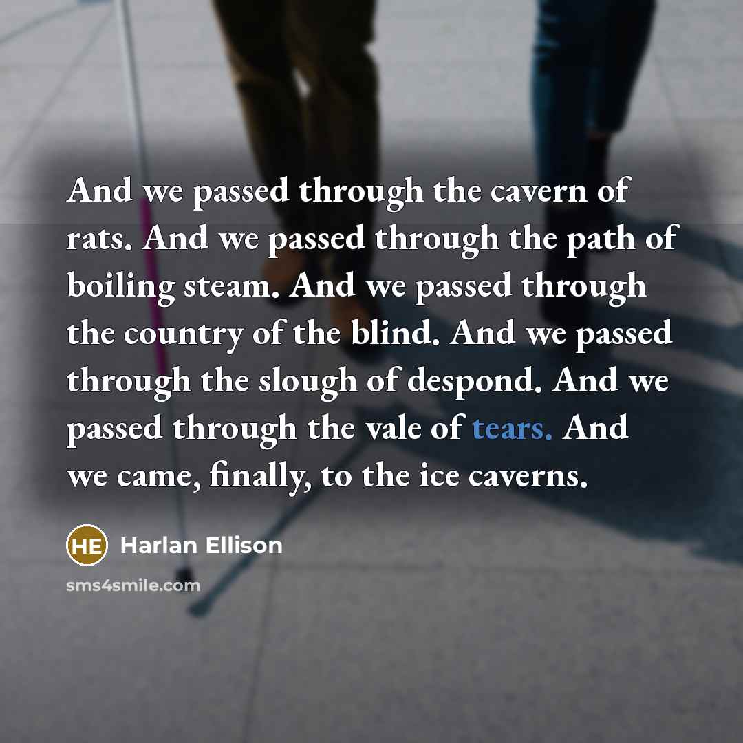 “And we passed through the cavern of rats. And we passed through the path of boiling steam. And we passed through the country of the blind. And we passed through the slough of despond. And we passed through the vale of tears. And we came, finally, to the ice caverns.” quote by Harlan Ellison