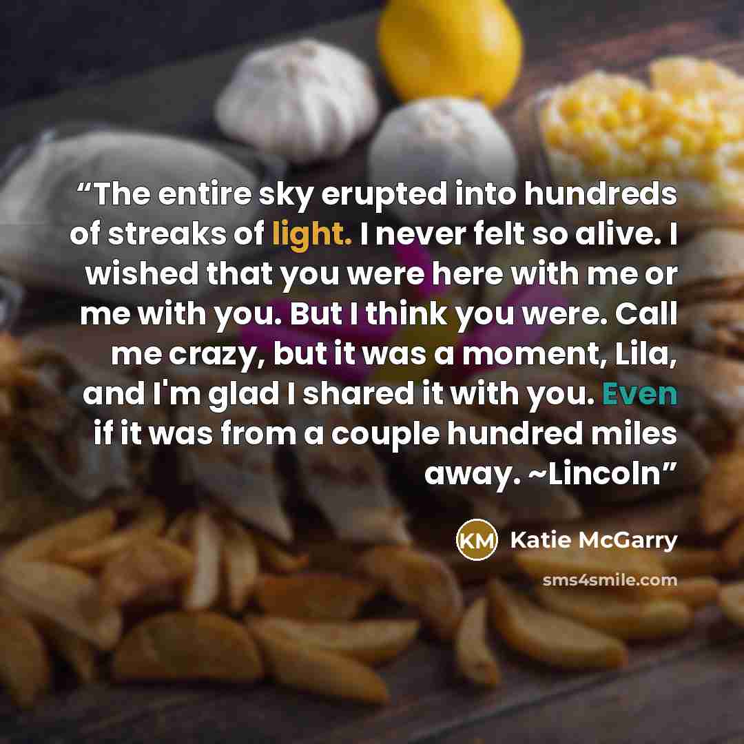 “The entire sky erupted into hundreds of streaks of light. I never felt so alive. I wished that you were here with me or me with you. But I think you were. Call me crazy, but it was a moment, Lila, and I'm glad I shared it with you. Even if it was from a couple hundred miles away. ~Lincoln” quote by Katie McGarry