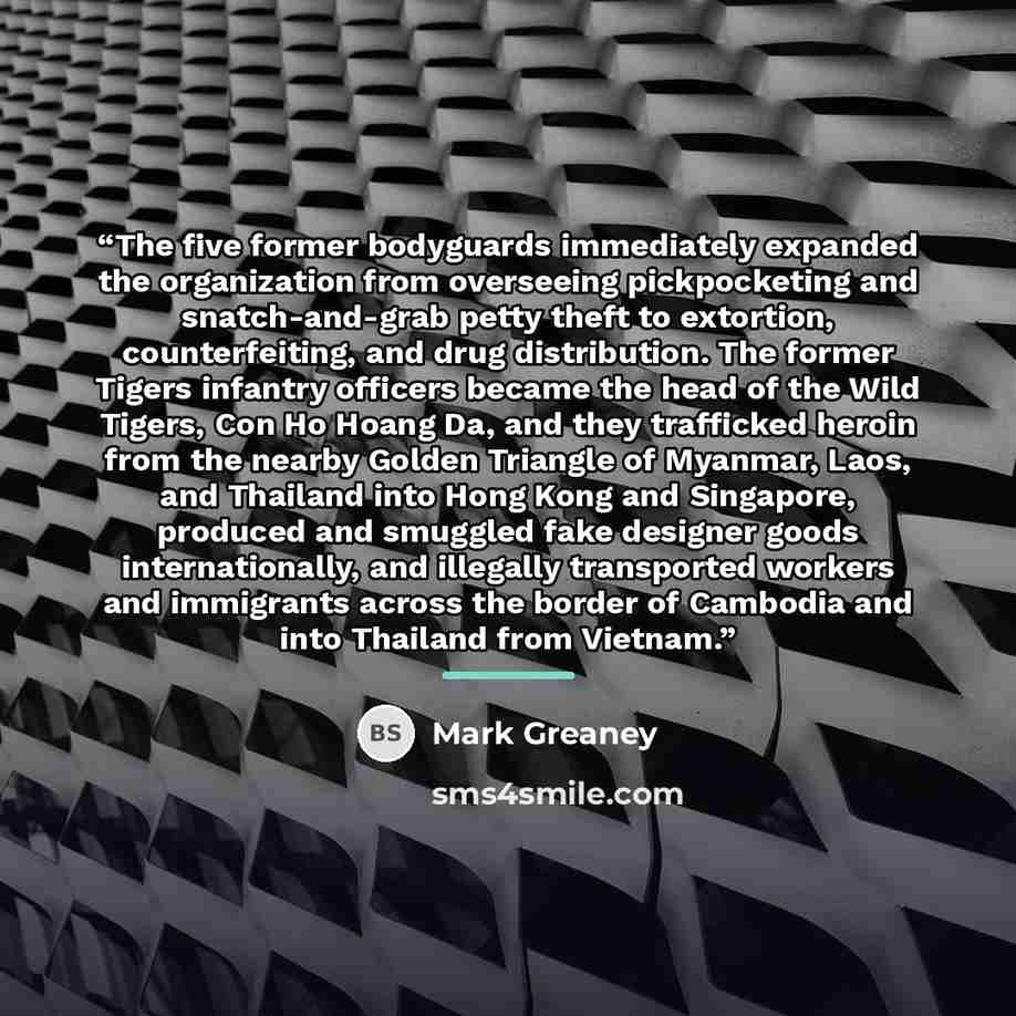 “The five former bodyguards immediately expanded the organization from overseeing pickpocketing and snatch-and-grab petty theft to extortion, counterfeiting, and drug distribution. The former Tigers infantry officers became the head of the Wild Tigers, Con Ho Hoang Da, and they trafficked heroin…” quote by Mark Greaney