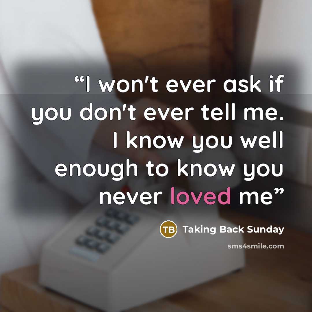 “I won't ever ask if you don't ever tell me. I know you well enough to know you never loved me” quote by Taking Back Sunday