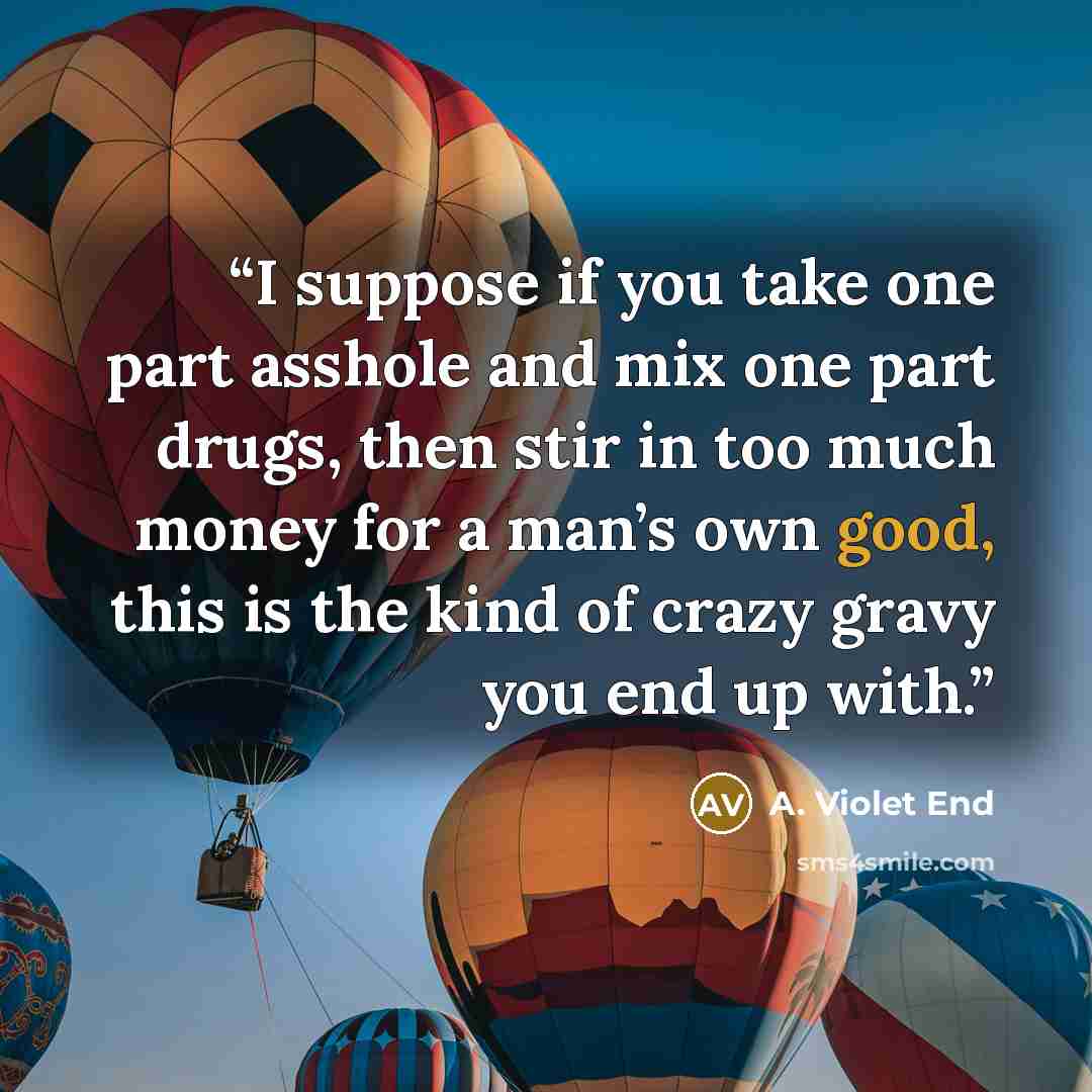 “I suppose if you take one part asshole and mix one part drugs, then stir in too much money for a man’s own good, this is the kind of crazy gravy you end up with.” quote by A. Violet End