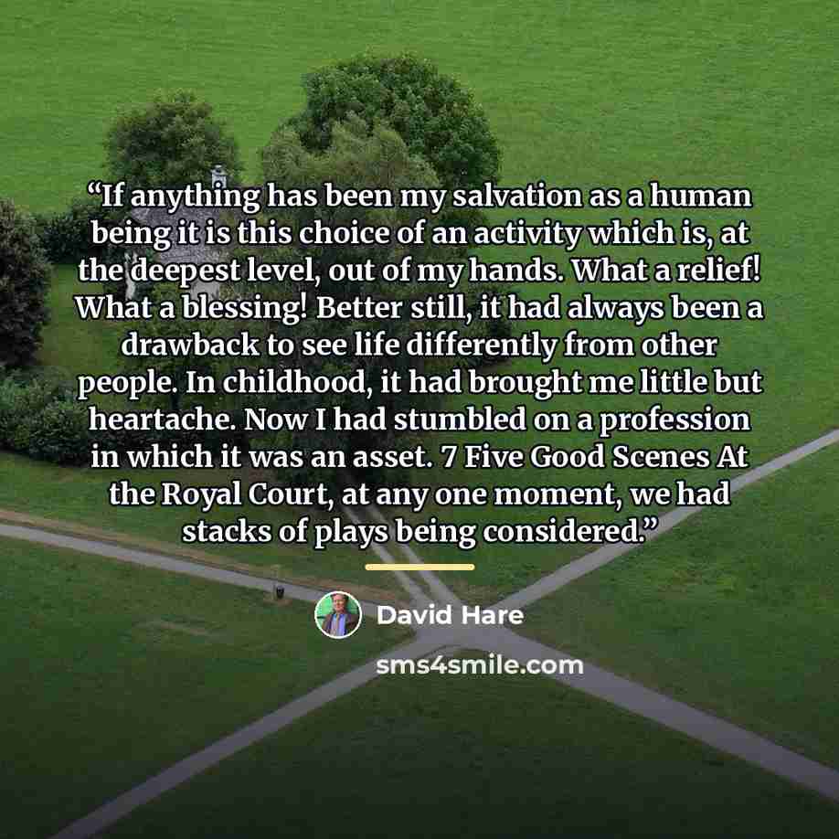 “If anything has been my salvation as a human being it is this choice of an activity which is, at the deepest level, out of my hands. What a relief! What a blessing! Better still, it had always been a drawback to see life differently from other people. In childhood, it had brought me little but…” quote by David Hare