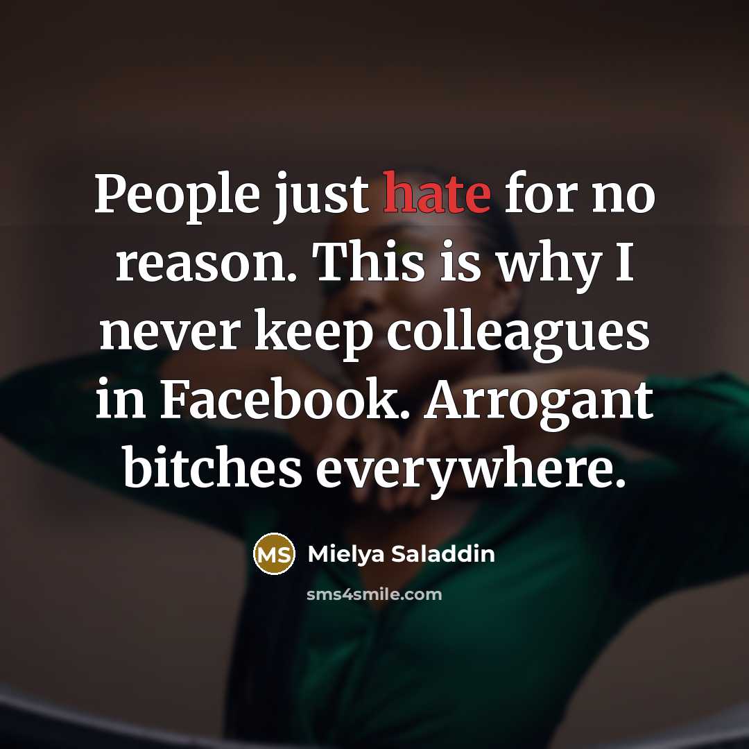 “People just hate for no reason. This is why I never keep colleagues in Facebook. Arrogant bitches everywhere.” quote by Mielya Saladdin