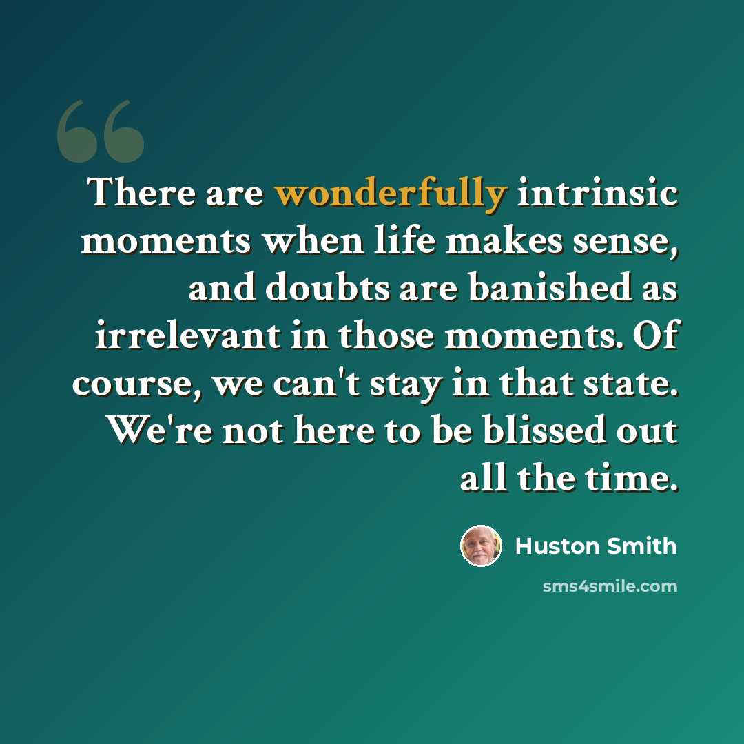 “There are wonderfully intrinsic moments when life makes sense, and doubts are banished as irrelevant in those moments. Of course, we can't stay in that state. We're not here to be blissed out all the time.” quote by Huston Smith