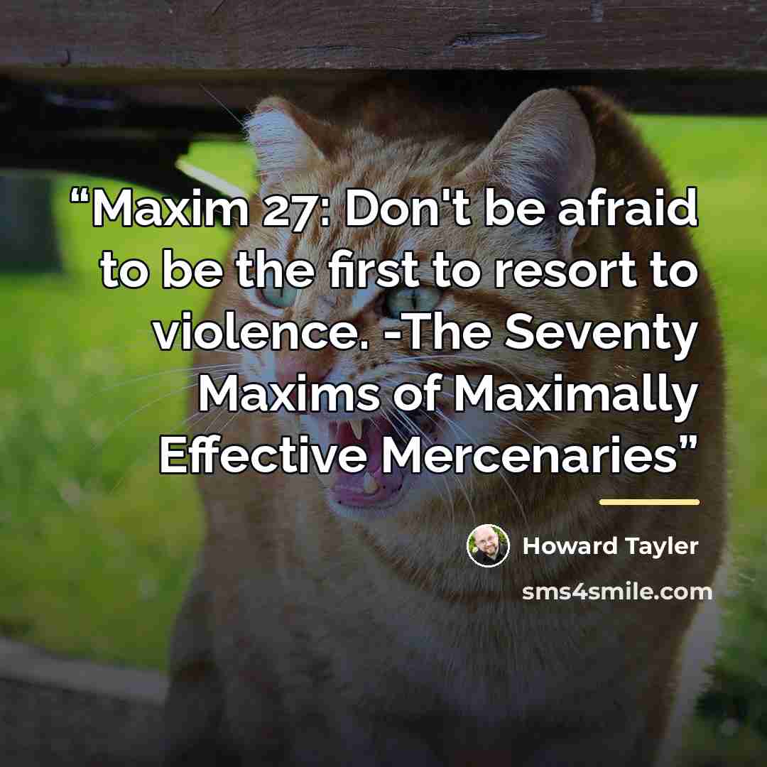 “Maxim 27: Don't be afraid to be the first to resort to violence. -The Seventy Maxims of Maximally Effective Mercenaries” quote by Howard Tayler