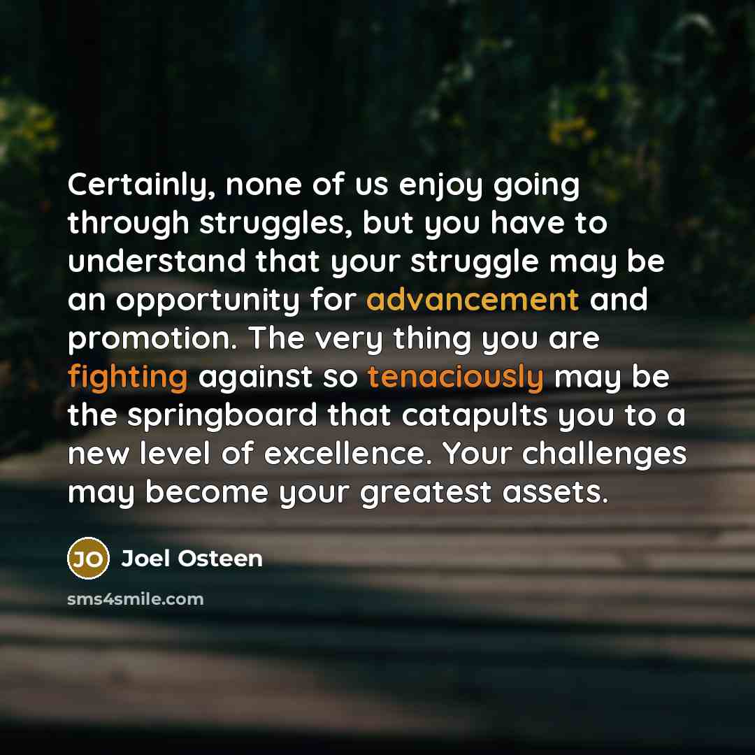 “Certainly, none of us enjoy going through struggles, but you have to understand that your struggle may be an opportunity for advancement and promotion. The very thing you are fighting against so tenaciously may be the springboard that catapults you to a new level of excellence. Your challenges may…” quote by Joel Osteen