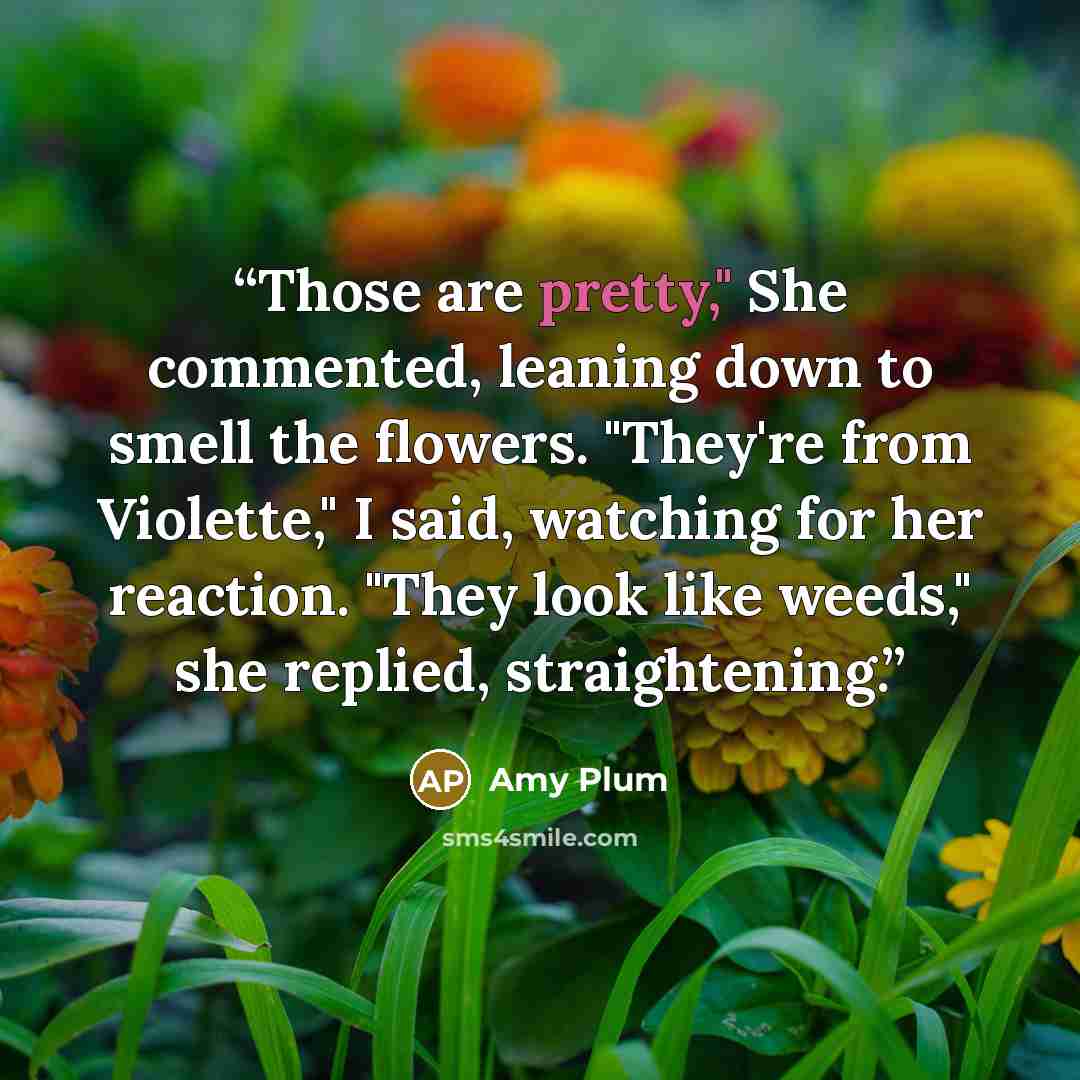 “Those are pretty," She commented, leaning down to smell the flowers. "They're from Violette," I said, watching for her reaction. "They look like weeds," she replied, straightening.” quote by Amy Plum