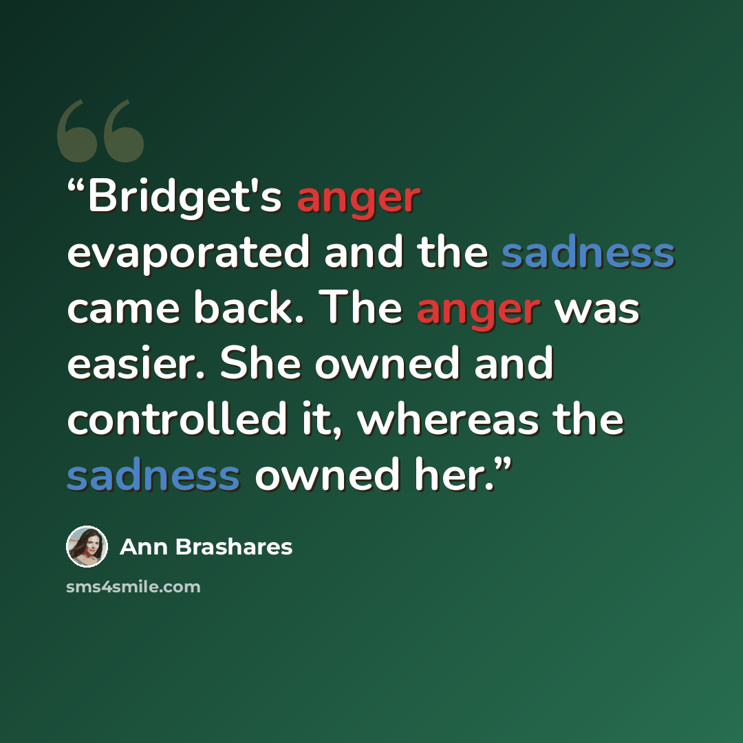 “Bridget's anger evaporated and the sadness came back. The anger was easier. She owned and controlled it, whereas the sadness owned her.” quote by Ann Brashares