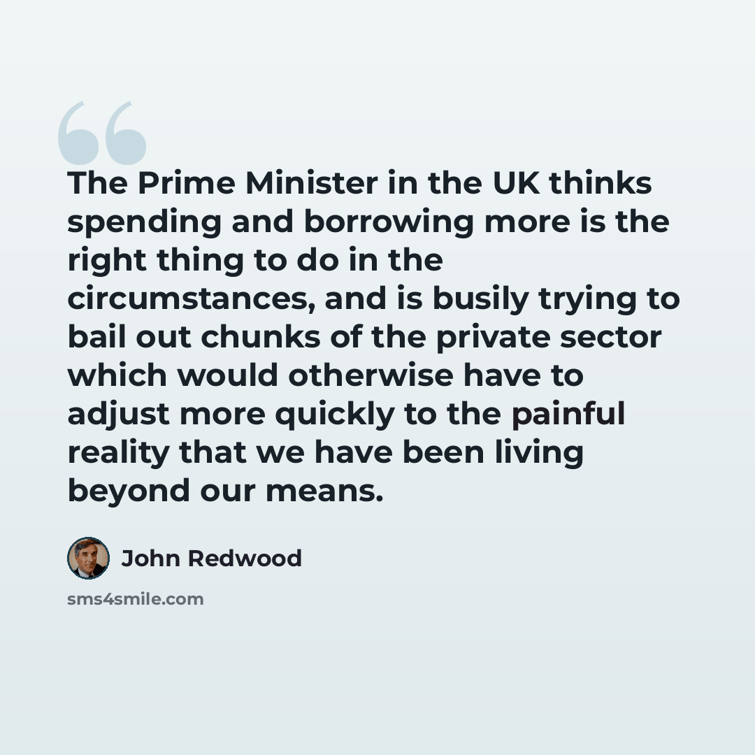“The Prime Minister in the UK thinks spending and borrowing more is the right thing to do in the circumstances, and is busily trying to bail out chunks of the private sector which would otherwise have to adjust more quickly to the painful reality that we have been living beyond our means.” quote by John Redwood