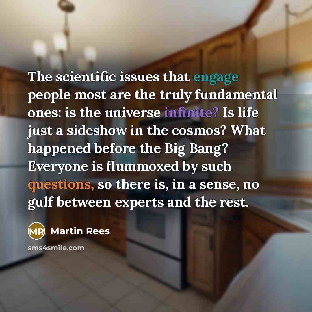 “The scientific issues that engage people most are the truly fundamental ones: is the universe infinite? Is life just a sideshow in the cosmos? What happened before the Big Bang? Everyone is flummoxed by such questions, so there is, in a sense, no gulf between experts and the rest.” quote by Martin Rees