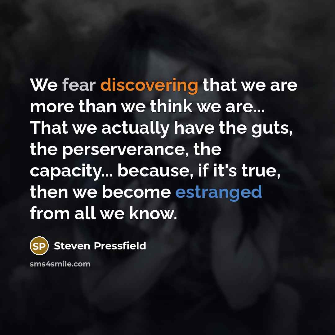 “We fear discovering that we are more than we think we are... That we actually have the guts, the perserverance, the capacity... because, if it's true, then we become estranged from all we know.” quote by Steven Pressfield